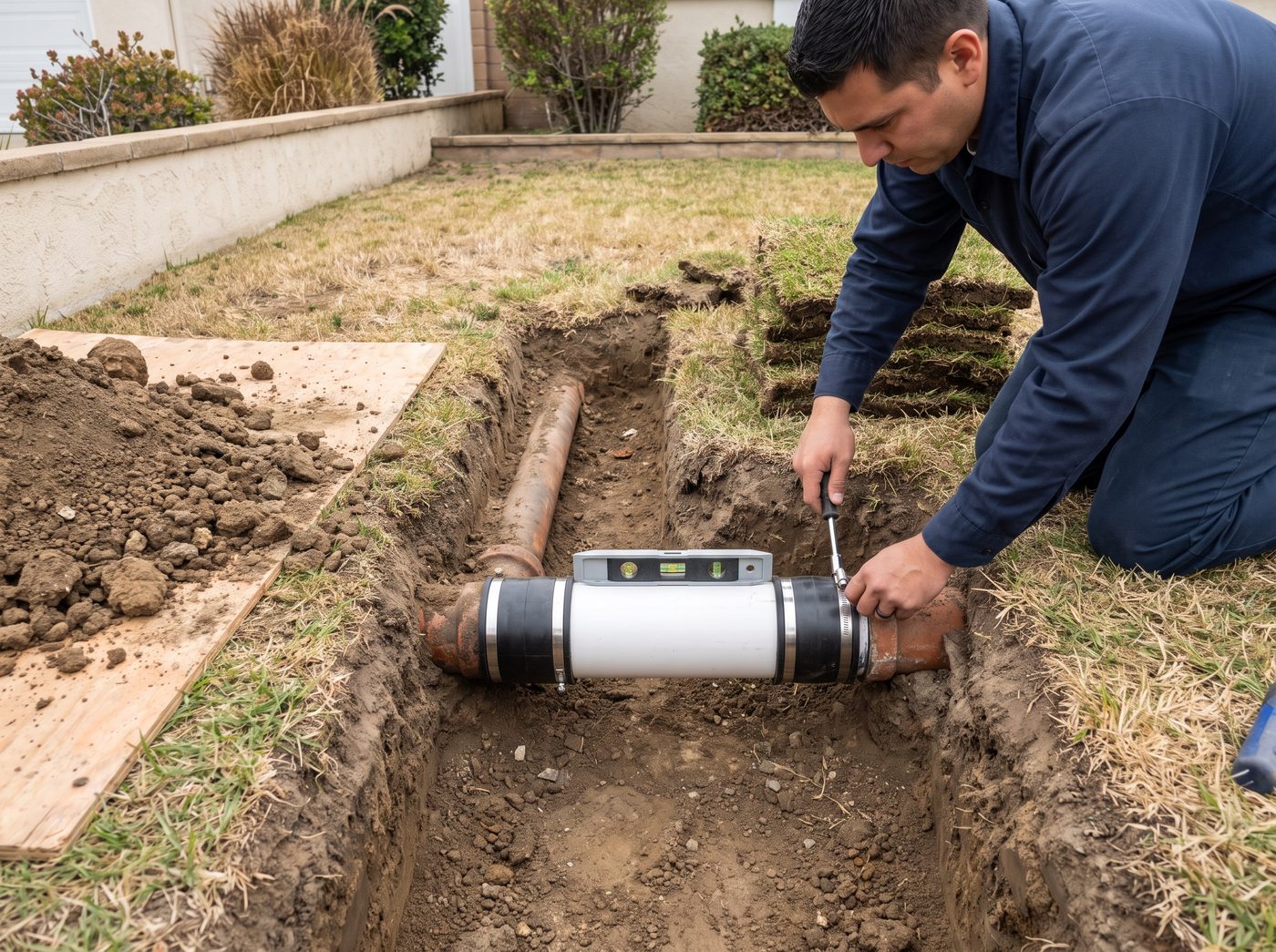 A plumber installing a new PVC section with rubber couplings into an open sewer trench, with the rest of the line left in the ground.